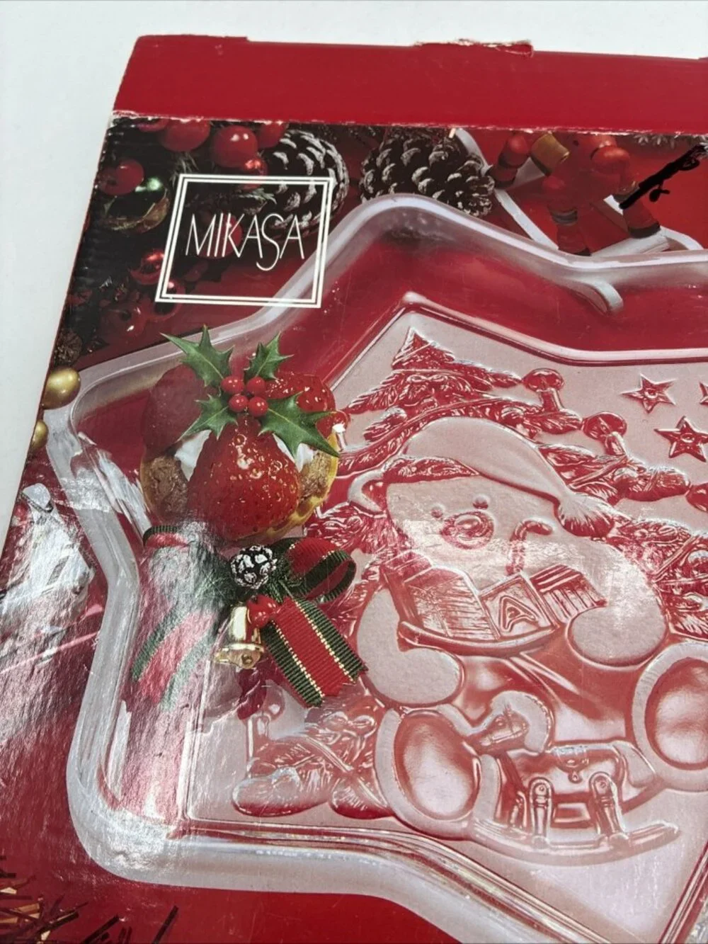 Mikasa Christmas Glass Dish Teddy Bear Star Candy Trinket Holiday Decor Vintage